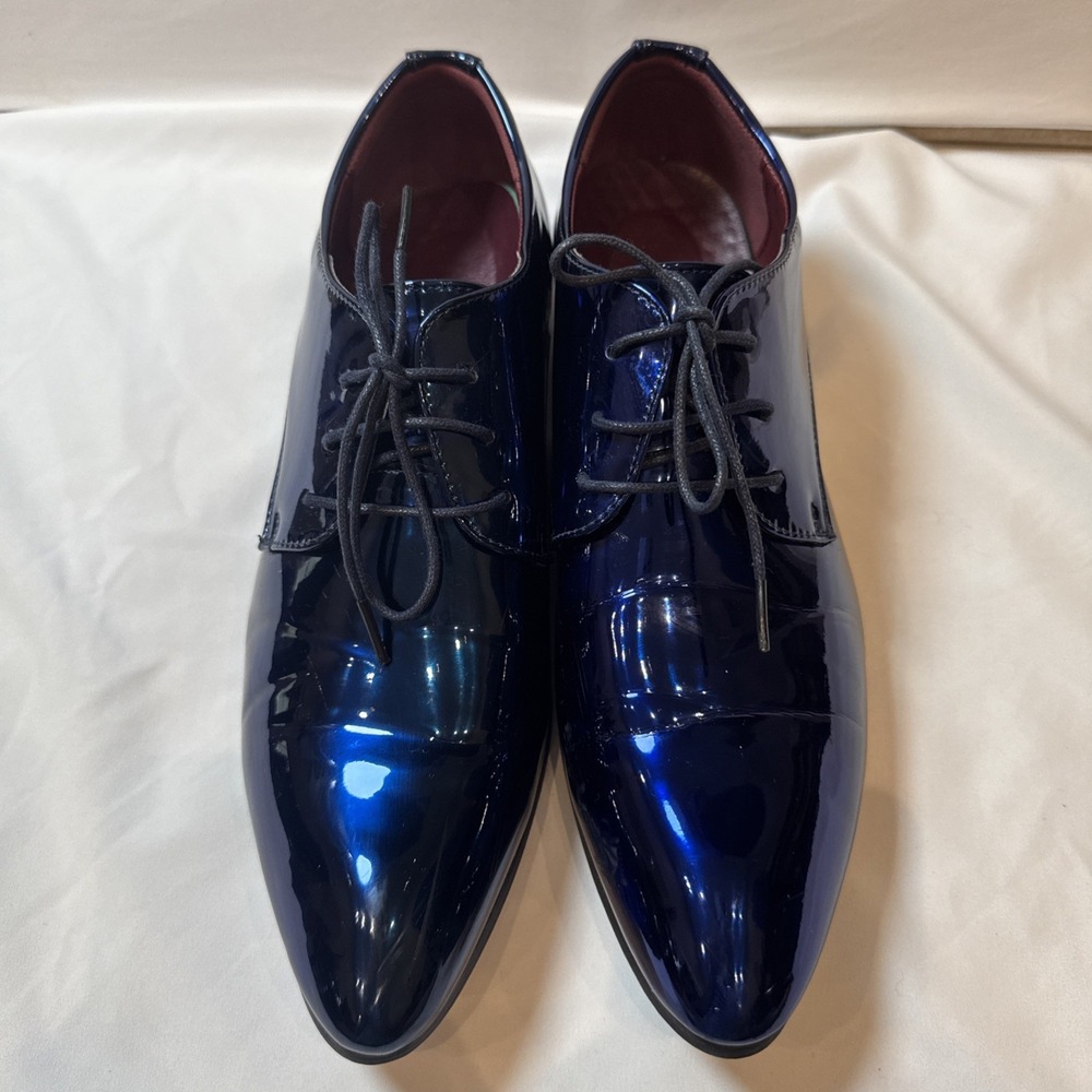 Men's Metallic Cobalt Blue Patent Leather Derby Dress Shoes EU46US12 Lace Up - Picture 13 of 16